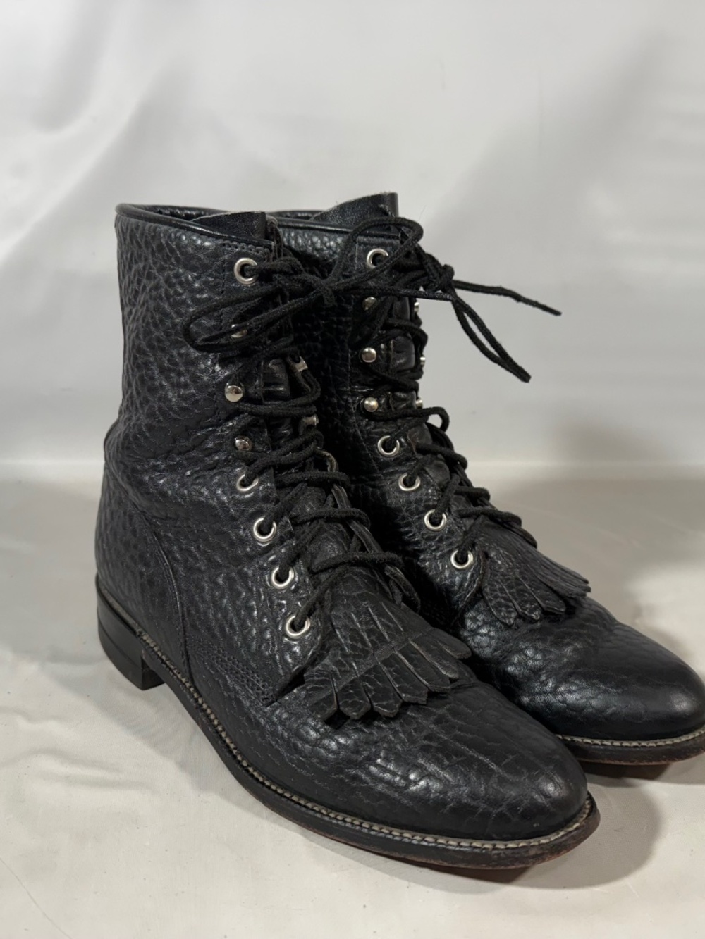 Justin Womens Roper Boots Size 6.5B Black Bullhide Kiltie Lace Up Cowgirl Rodeo